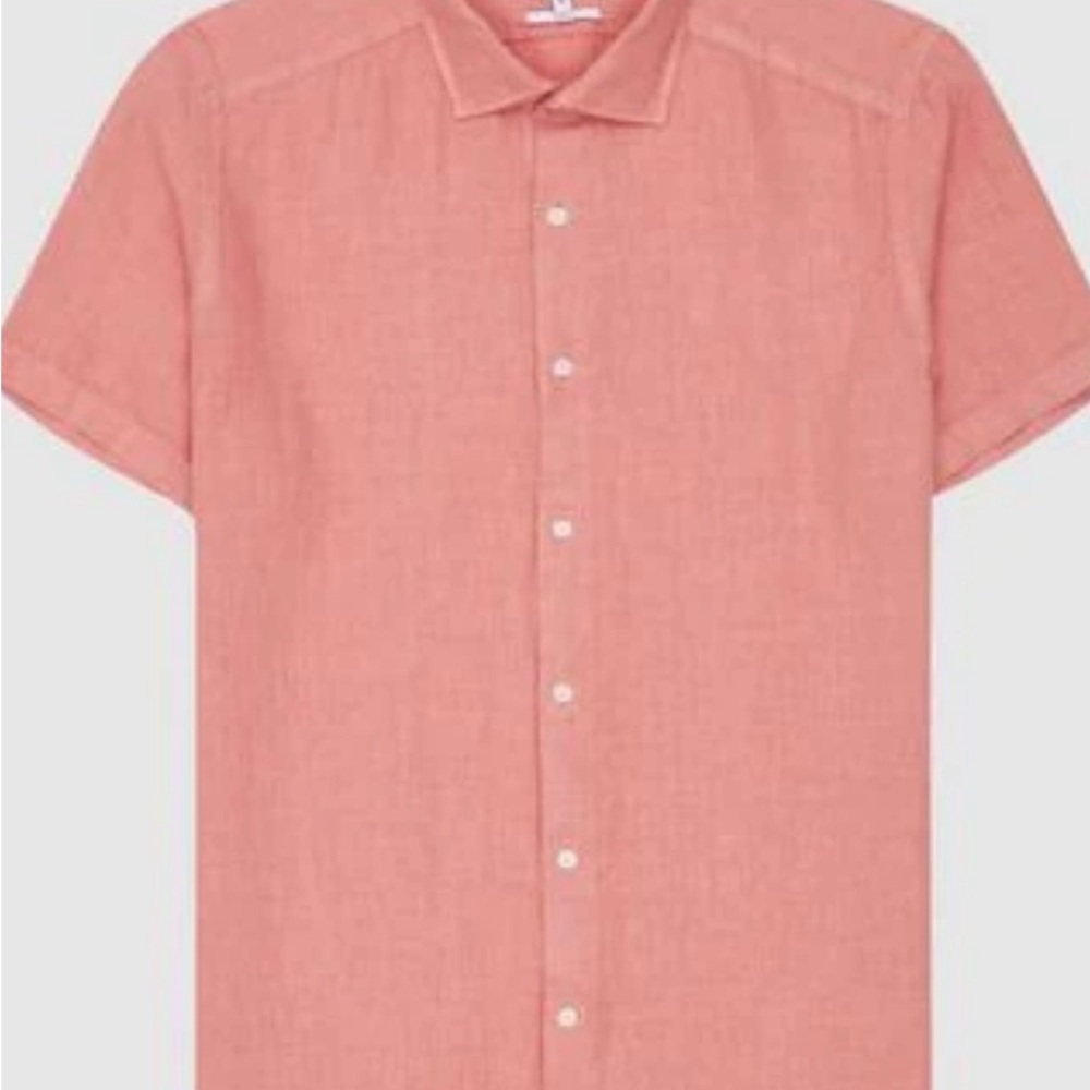Men's NWT Reiss Pink Linen Short Sleeve Shirt Large Slim Fit